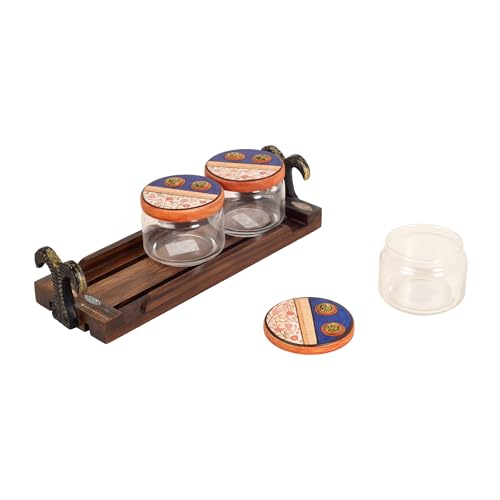 Image of AAKRITI ART CREATIONS Flavors Of Home Kit S03 Jars W /Tray | Handcrafted Dhokra Warli Art Fusion Art | Kitchen Decoration Items Stylish Tray & Jars | Airtight Kitchen Jars with Wooden