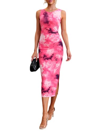 Image of oten Women's Floral Bodycon Midi Dress Ruched Mesh Sleeveless Summer Wedding Guest Cocktail Party Dress with Slit