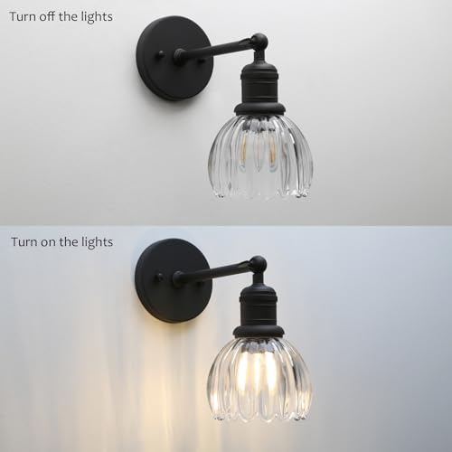 Image of Yosoan Boho Indoor Vintage Wall Sconce with Flower Shade, 1-Light Modern Vanity Industrial Hardwired Wall Mounted with Transparent Tulip Shade for Living Room Bedroom Kitchen Hallway Home Decor(Black)