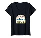 Womens Miami Baseball Tshirt Cool Marlin Skyline on Giant Ball V-Neck T-Shirt