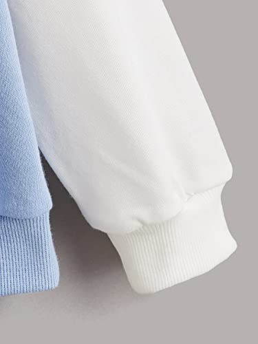 Makemechic Girl's Letter Panda Print Color Block 3D Ear Pullover Hoodie With Pocket Blue And White 9Y #TOP3