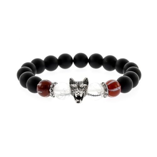 RGEMCY 8mm Natural Volcanic Stone Stretch Bracelet, Matte Black Agate Fashion Bracelet, Fashion Bracelet Suitable for Teens, Men's Father's Day, Anniversary, Birthday Gift (Front Wolf Head, One Size)