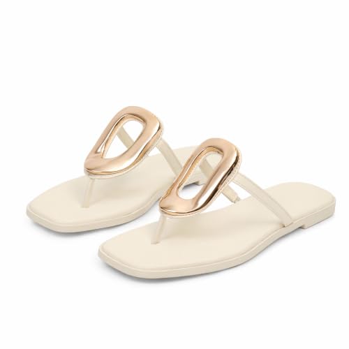 Image of Wnshonzy Flip-Flops for Women Thong Sandals Flat Slip on Slides Beach Comfort Open Square Toe Ladies Slipper Dressy Metal Hardware Decoration Summer Shoes Casual Fashion