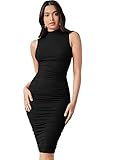 DIDK Damen Stehkragen Midikleid Ärmellos Kleider Bodycon Figurbetont Kleid Knielang Bleistiftkleid Schwarz S