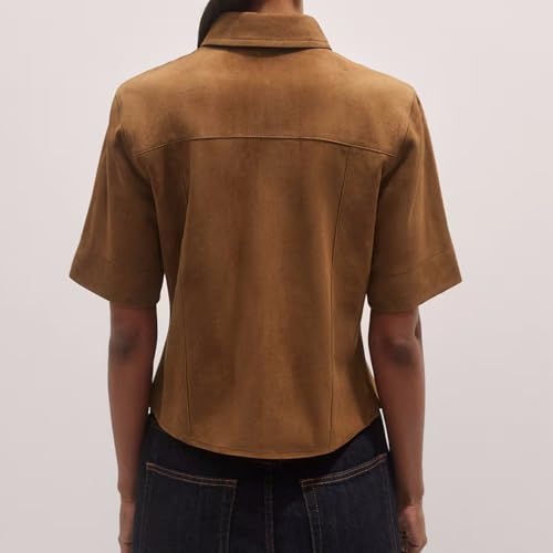 Women's Faux Suede Button Down Shirts Short Sleeve Business Casual Lapel Collared Shirt Jackets with Pockets4