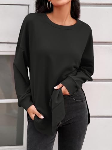 Fisoew Pullover Damen Rundhals Langarm Sweatshirts Seiten Schlitz Langarmshirts Elegant Basic Pulli Loose Tunika Tops Casual Oberteile Schwarz XL