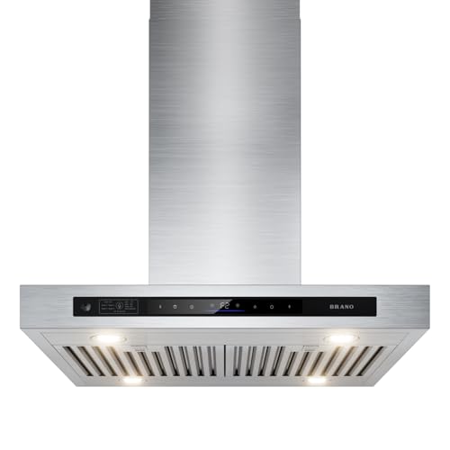 BRANO Island Range Hood 36 Inch with 900 CFM 4 Speeds，Voice/Gesture/Touch Control Kitchen Hood, Ducted/Ductless Convertible，Adjustable Lights Stainless Steel Vent Hood