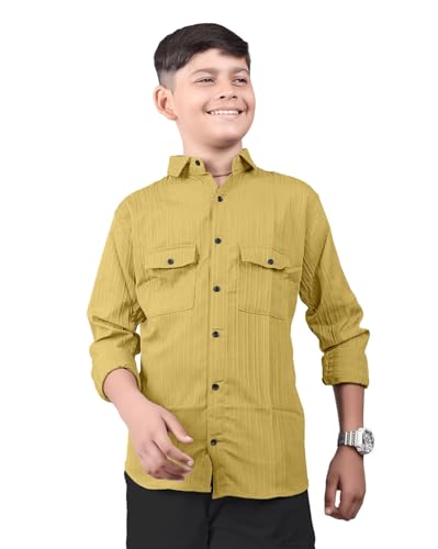 Image of ZilconKid Boy's Cotton Hawaiian Plain Double Pocket Shirt with Spread Collar Neck Full Sleeves Button Closure Curved Length | Shirt for Kids Boys