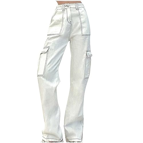 Womens Trendy Cargo Jeans High Waisted Wide Leg Denim Pants Casual Baggy Y2K Teen Girl Streetwear Pants with Pockets