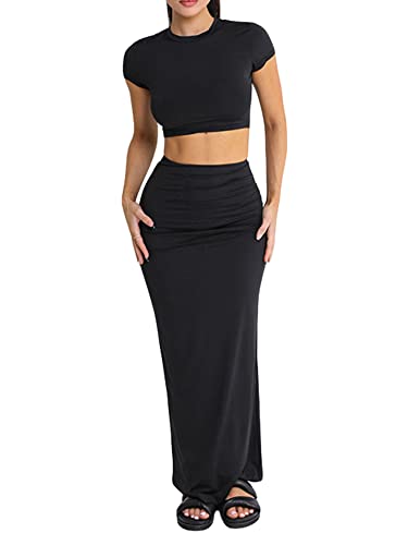 NUFIWI Women Crochet Knit 2 Piece Outfits Set Short Sleeve Shirt Crop Top High Waist Bodycon Midi Skirts Set Y2k Set2