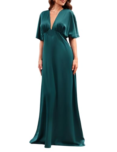 Image of S・DEER SDEER Women's Deep V Neck Maxi Dress Satin Flutter Short Sleeve A Line Long Gown Dresses Formal Party Dress(Green,M), Medium