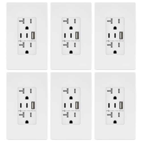 Image of TOPGREENER 4.2A 3-Port Type C USB Outlet, 20 Amp Receptacle Plug, Charging Power Outlet with Dual Type C&A Ports, Screwless Wall Plate Included, UL Listed, Commercial Grade, White, 6 Pack