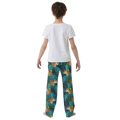Tropical Tiger Palm Leaf Boys Long Pants Soft Trousers Elastic Waist Kids Lounge Bottoms with Pockets S-XL3