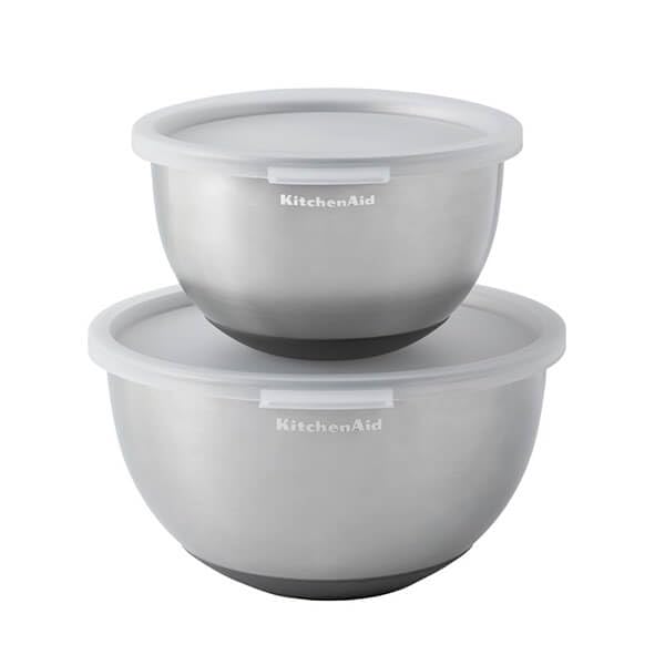 KitchenAid 2-teiliges Rührschüssel-Set mit Deckel, Edelstahl, rutschfester Boden, zum Backen, zur Zubereitung und Aufbewahrung von Lebensmitteln, langlebig, leicht zu reinigen, 17,5 cm und 22 cm