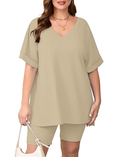 Image of AusLook Women's Plus Size 2 Piece Short Outfits Set Short Sleeve Tops and Shorts Pants Lounge Jogging outfits Matching Set