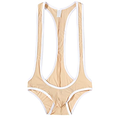 Men's Sexy See-Through Wrestling Singlet One-Piece Breathable Leotard Underwear Skinny Transparent Suspender Bodysuits (Apricot,XX-Large)