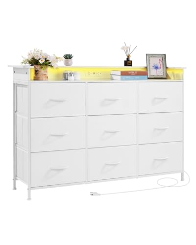 VEVOR Cassettiera con 9 Cassetti, Cassettiera Alta con Contenitore in Tessuto, Cassetti Portaoggetti per Armadio Robusta Struttura in Metallo, Luci a LED e Presa Integrata, per Camera da Letto, Bianco