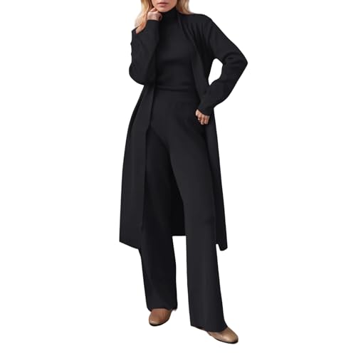 3Pcs Women's Knitted Pants Suit with Cardigan Turtleneck Sweater Set,