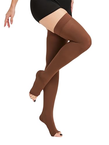 Image of TOFLY Thigh High 15-20 mmHg Compression Stocking, Open Toe Medical Compression Socks with Silicone Dot Band-Best Support for Nursing Sports Varicose Veins