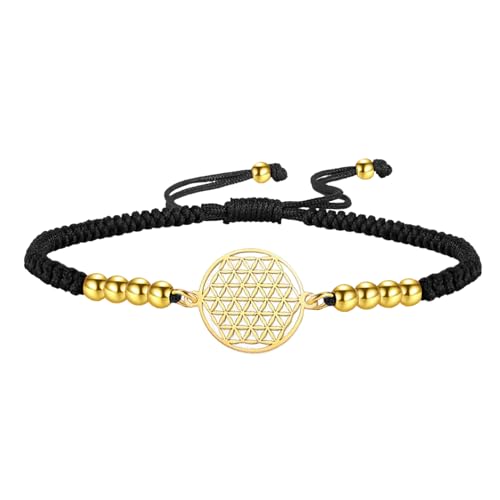 Amaxer Pulsera de cuerda tejida con diseño de flor de la vida para mujer, mandala, geometría sagrada, declaración de protección, ahuecada, ajustable, pulsera de cuerda, One Size, Acero inoxidable, Sin