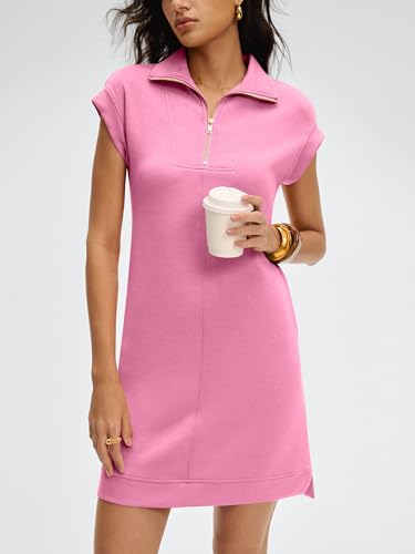 Image of ANRABESS Womens Summer Casual Half Zip Cap Sleeve Trendy Wrinkle-Free Tshirt Dress 2026 Spring Beach Vacation Short Dresses