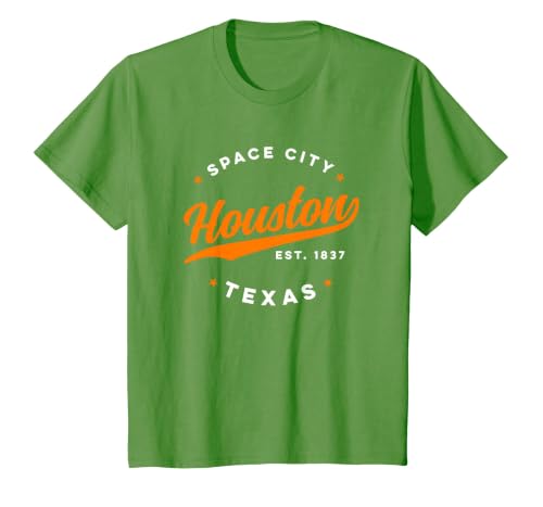 Vintage Houston Texas Space City Orange Text T-Shirt, Youth, Grass Green, Large