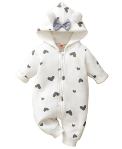 Image of BRANDONN Kids Baby Cotton Fleece Jumpsuit Romper Onesie Sleep Suit Hooded Semi Winter Zipper (White & Grey, Length 65 cm x Chest 35 cm, 12-18 Months)