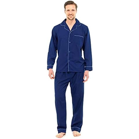 Mens Traditional Pyjamas 2 Piece Set Classic Style Plain Poly Cotton Pjs Nightwear Lounge Wear Sleepwear Suits Button Up Long Sleeve Shirt Tops Pants Trousers Bottoms(Navy, 2XL) Cover