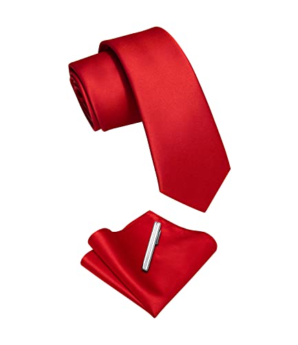 Image of YourTies Skinny Ties for Men Satin 2.4 inch Slim Necktie with Pocket Square Tie Clip Set Solid Color Wedding Party Business