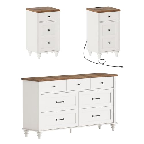WAMPAT 3 Piece Bedroom Set - Includes One 7 Drawer Dresser, Set of 2 Tall Bedside Tables with Charging Station & Cabinet, 3 Piece Dresser and Nightstand Sets, Off White - Image 5