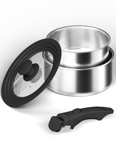 Abijan Set Casserole Inox 18/10, Casserole Tout Feux Poignée amovible, Batterie de Cuisine avec Couvercles, Compatible Tous Feux, Passe au Four et Lave-vaisselle, Design Empilable et Gain de Place
