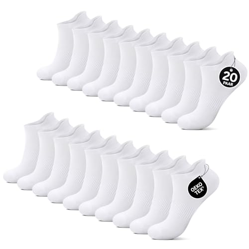 YouShow 10/20 pares de calcetines deportivos para hombre y mujer, calcetines transpirables de algodón, calcetines deportivos cortos para correr, 20 blancos, 47-50