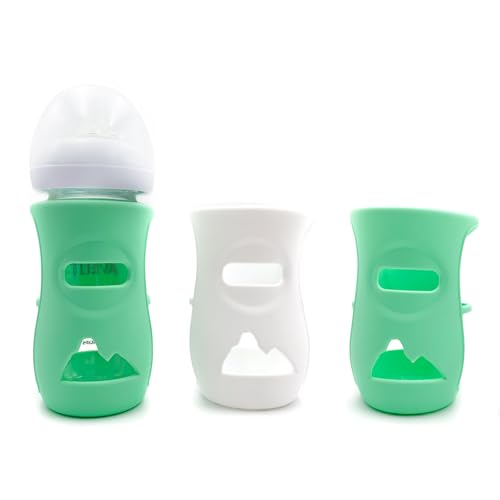 Qgond 2 Pack 100% Silicone Sleeves for Avent Natural Glass Baby Bottles, Anti Breakage Baby Bottle Holder, Compatible Philips Avent Glass Natural Baby Bottle 8 oz, BPA Free (White-Green)