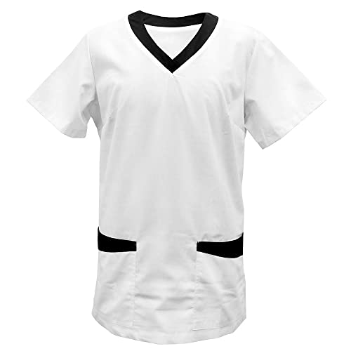 EXNER Medizinischer Schlupf-Kasack mit Besatz, OP-Kasack, für Damen und Herren in Medizin, Krankenpflege, Altenpflege, SPA, Wellness, Kosmetik, Farbe weiß, Besatz schwarz, Größe 5XL