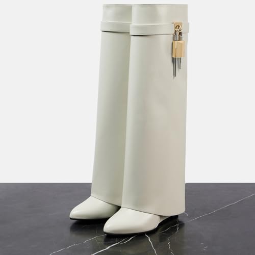 Image of Arqa Knee High Boots Womens Wedge High Heels Shark Boots Fold Over Pull-on Pointed Toe Tall Fashion Boots for Women