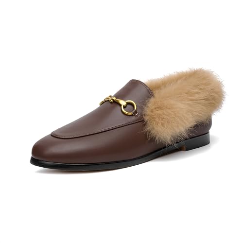 Image of Vertundy Brown Loafers Fur Loafers for Women Low Heel Flats Loafers