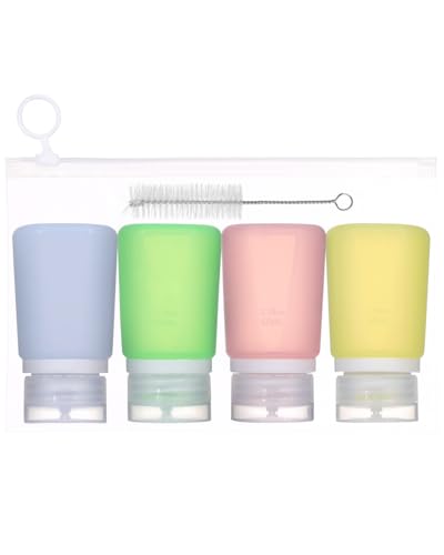Liobelon 4 Pieces Condiment Squeeze Bottles for Sauces, 2 Oz Silicone Condiment Containers with Lids Leakproof Salad Dressing Container with Reusable Sandwich Bag, Brush (blue green pink yellow)