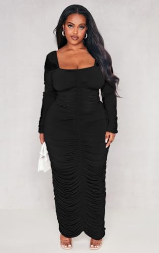LAGSHIAN Womens Sexy Plus Size Long Sleeve Bodycon Ruched Square Neck Party Long Dress4