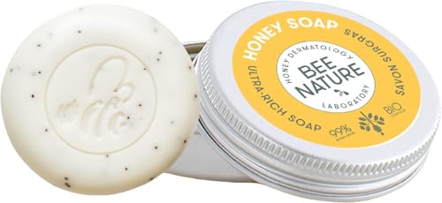 Bee Nature - 2 en 1 Jabón Exfoliante con Miel - Limpia e Hidrata - Jabón de Viaje con Estuche de Aluminio - 100% Biodegradable - Alivia el Eczema - Adecuado para Pieles Secas y Sensibles - 100g