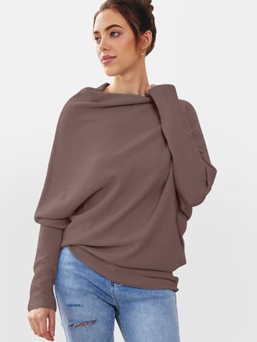 LILLUSORY Womens Batwing Oversized Sweaters Assymetrical Off The Shoulder Boat Neck Wrap Tunic Tops Fall3
