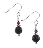 Black Onyx, Dark Red Garnet Gemstone & Sterling Silver Hook Drop Earrings with Gift Box