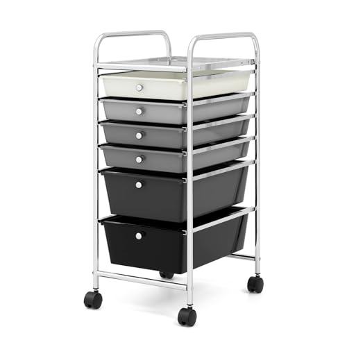 COSTWAY 6-Drawer Rolling Storage Cart, Multifunctional Art Craft Tools Organizer on Wheels, Heavy Duty Utility Mobile Storage Trolley w/ 2 Lockable Wheels for Home Office School, Mixed Black