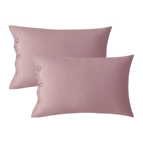 JELLYMONI Pink 100% Washed Cotton Standard Pillowcases Set, 2 Pack Luxury Soft Breathable Pillow Covers with Button Closure(Pillows are not Included)
