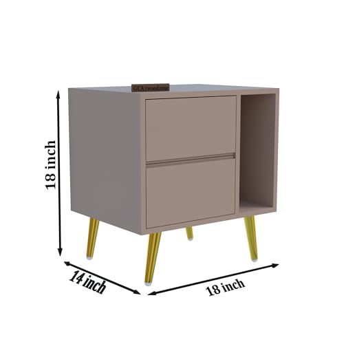 Image of Wooden Bedside Table for Bedroom | Bedside Nightstand with 2 Drawers & Open Shelf | Premium HDMR Wood with Iron Legs, Light Beige