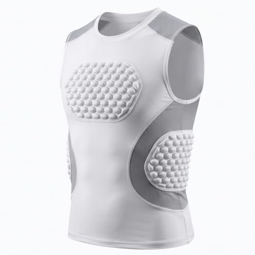 KINGJOZE Youth Padded Compression Shirt Chest Protector for Football Baseball Softball Rugby Lacrosse Rib Sternum Guard Padded Shirt(White,S)