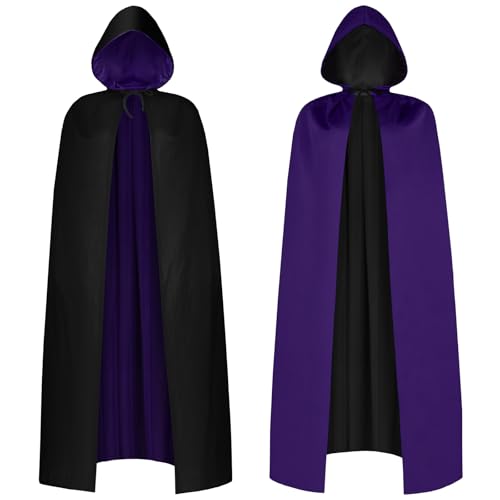 AOOWU Cape à Capuchon Noire Violet Déguisement, Cape à Capuche Double Face pour Halloween, Déguisement de Sorcière, Adulte Costume pour Bal Masqué, Halloween, Fête de Famille, Carnaval Noël, 150CM