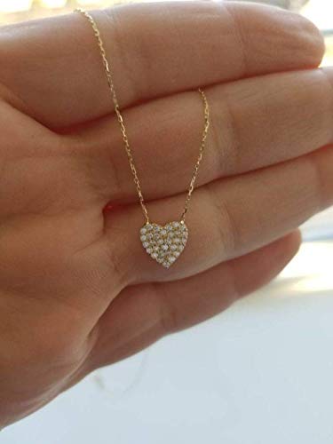 14K Yellow Gold Heart Necklace, Heart Necklace, Diamond CZ Heart Necklace, Minimalist Heart Necklace, Solid Gold Dainty Heart Necklace