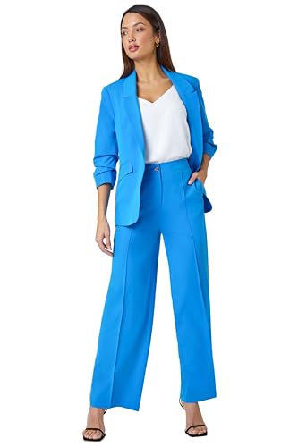 Roman Tailored Relaxed Stretch Trousers for Women UK - Ladies Spring Everyday Summer Holiday Button Fastened Comfy Side Pockets Soft Pleat Detail Daywear Bottoms - Blue - Size 18