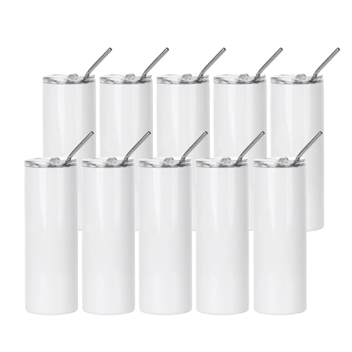 PYD Life 10 Pack Sublimation Tumbler Bulk Blanks 20oz White Stainless Steel with Metal Straw and Lid for Tumbler Heat Press Machine Sublimation Print