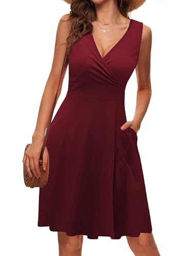 LIAMERHE Vestido Sin Mangas Mujer Casual Verano Vestidos Cuello en V Elegante Vestido Largo hasta la Rodilla Borgoña L